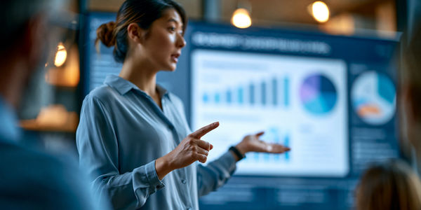 A woman in a blue shirt presents charts during a meeting.
