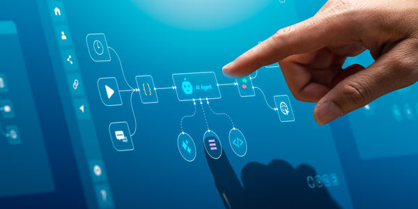 Hand pointing at digital workflow interface with AI agent node, process flow diagram, and connected system icons, representing automation workflow, data integration, and intelligent system operation