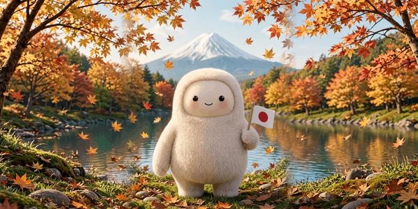 A fluffy white mascot stands by a lake in autumn with a small Japanese flag.