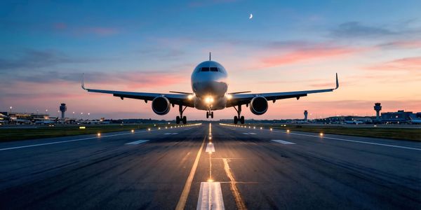 A front-on view of a passenger airplane on a runway at sunset.