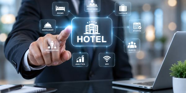 A glowing hotel management interface with a central hotel icon and a fingertip press.