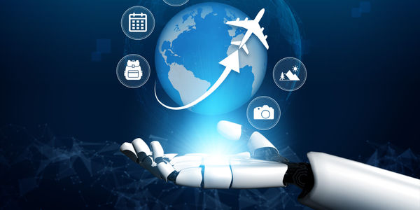 A futuristic robotic hand supports a glowing globe surrounded by travel-related icons, symbolizing the intersection of technology and travel in a modern digital world. Nascent