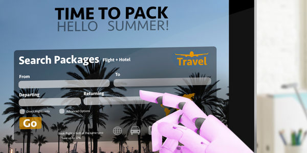 A pink gloved hand points at a travel booking screen with palm trees in the background.