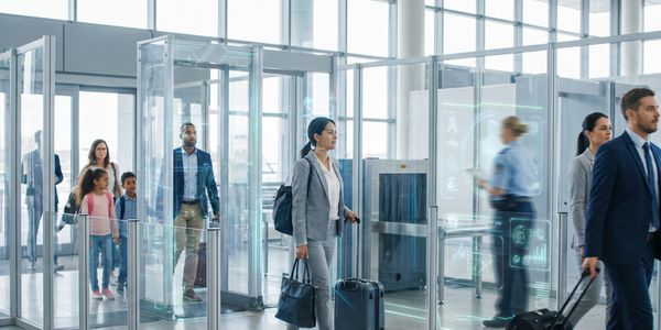 travelers walking through airport security with biometric identity check