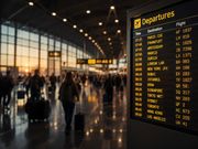 Wide-angle view of a busy airport departure terminal at sunset with illuminated electronic departures board, silhouetted travelers with luggage, gates and modern glass architecture