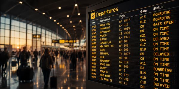 Wide-angle view of a busy airport departure terminal at sunset with illuminated electronic departures board, silhouetted travelers with luggage, gates and modern glass architecture