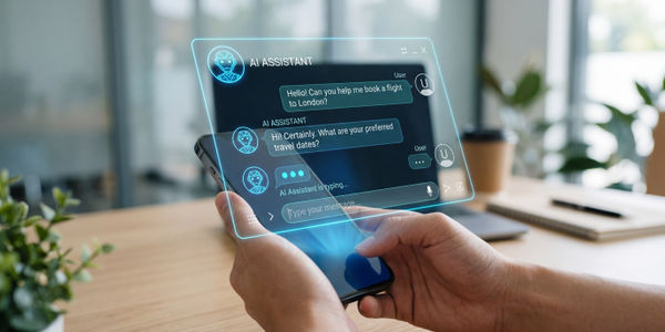 Futuristic AI assistant transparent screen, using smartphone. digital interface displays conversation about booking flight to London, showcasing advanced technology modern