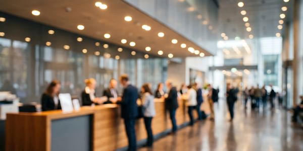 A blurred modern lobby with a long wooden reception desk and people.