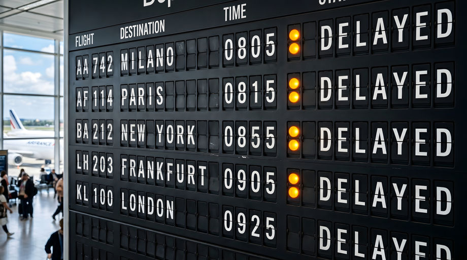 A large airport departure board shows delayed flights with yellow indicators.