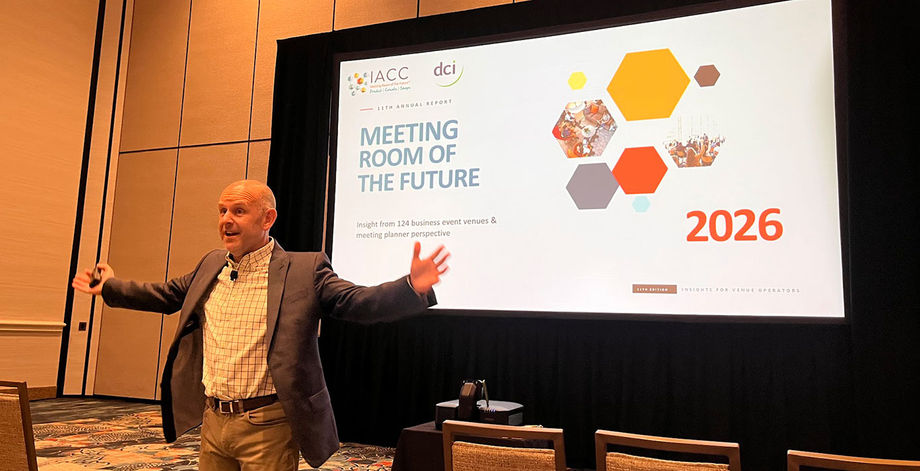 Mark Cooper, CEO of IACC, presents this year's Meeting Room of the Future report during a breakout session at IMEX.