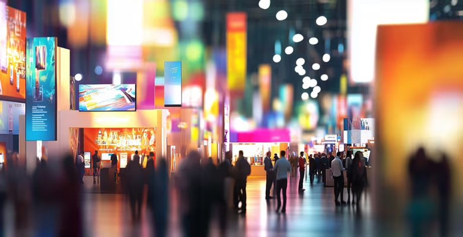 At a busy trade fair, professionals network around colorful booths and vibrant displays of innovative products.