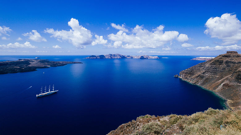 Scenic View Of Mediterranean Sea And Sky From A Boat In Santorini