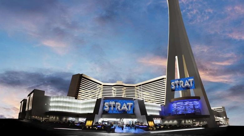 Strat Hotel, Casino and SkyPod Exterior. Images powered by <a href="https://iceportal.shijigroup.com" target="_blank" rel="noopener">Ice Portal</a>.