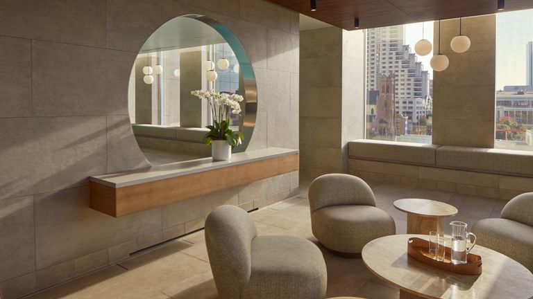 The indoor pool area has a stylish lounge.
