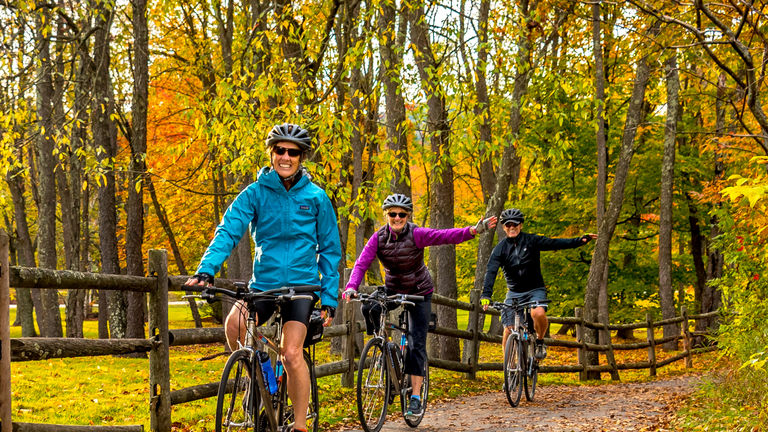 Three cyclists ride along a paved path through a colorful autumn forest.