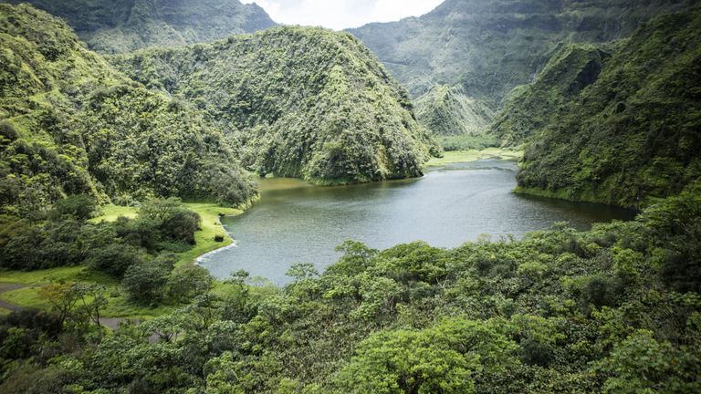 a lake surrounded by lush green mountains in Tahiti