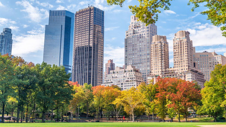 Manhattan buildings in foliage season from Central Park - New York City, USA.