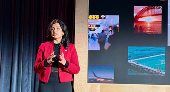 Shilpa Ranganathan, chief product officer at Expedia Group, speaks at Expedia Group's Fall Product Release event in New York on Oct. 28.