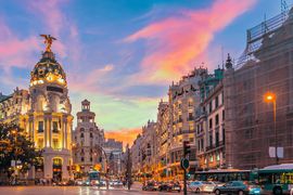 Madrid city skyline gran via street twilight , Spain