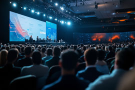 A large conference audience watches a panel on stage under blue lights.