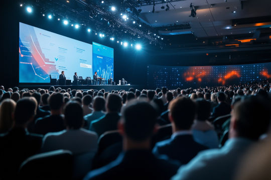 A large conference audience watches a panel on stage under blue lights.