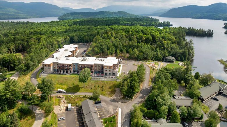Cambria Hotel Lake Placid-Lakeside Resrt Exterior. Images powered by <a href="https://iceportal.shijigroup.com" target="_blank" rel="noopener">Ice Portal</a>.