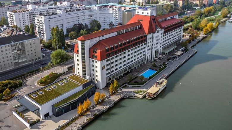 Hilton Vienna Danube Waterfront Exterior. Images powered by <a href="https://iceportal.shijigroup.com" target="_blank" rel="noopener">Ice Portal</a>.