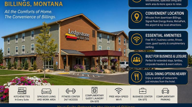 Ledgestone Hotel Billings Exterior. Images powered by <a href="https://iceportal.shijigroup.com" target="_blank" rel="noopener">Ice Portal</a>.