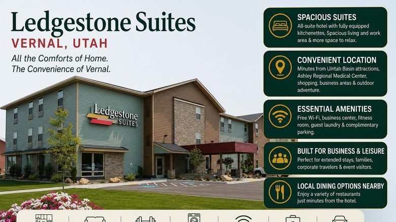 Ledgestone Hotel Vernal Exterior. Images powered by <a href="https://iceportal.shijigroup.com" target="_blank" rel="noopener">Ice Portal</a>.