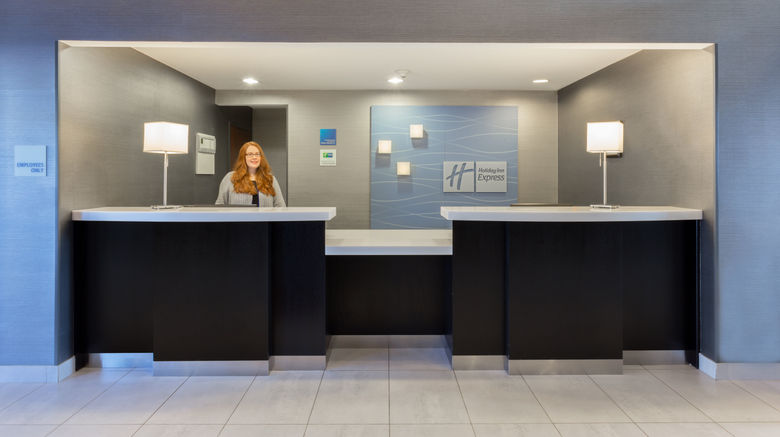 Holiday Inn Express Hotel  and  Suites Lobby. Images powered by <a href="https://www.leonardoworldwide.com" target="_blank" rel="noopener">Leonardo</a>.