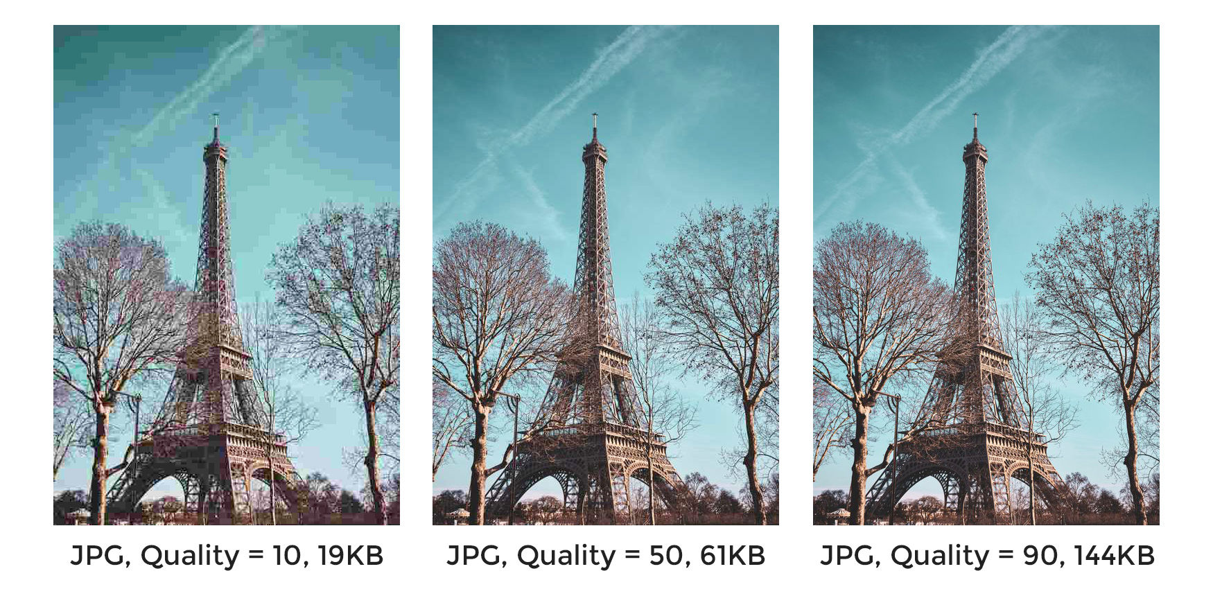 Images at different compression level and visual quality