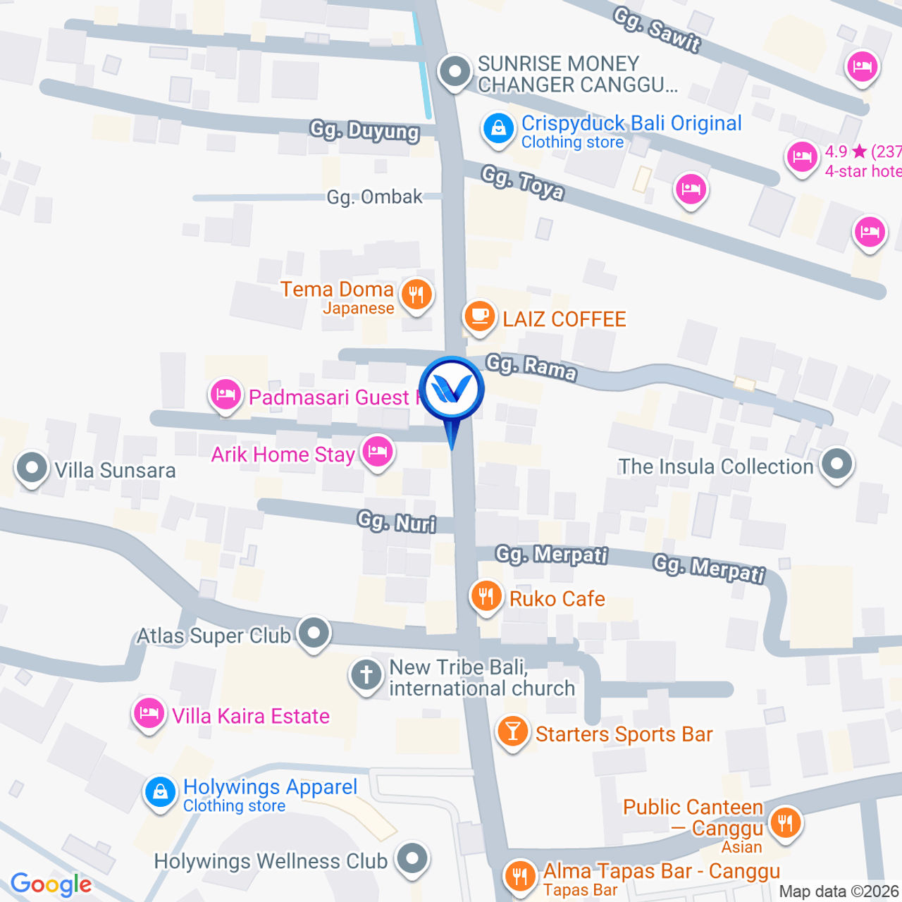 Peta Lokasi JI. P. Berawa - Arik Home Stay (Arah Menuju Atlas) | BALI