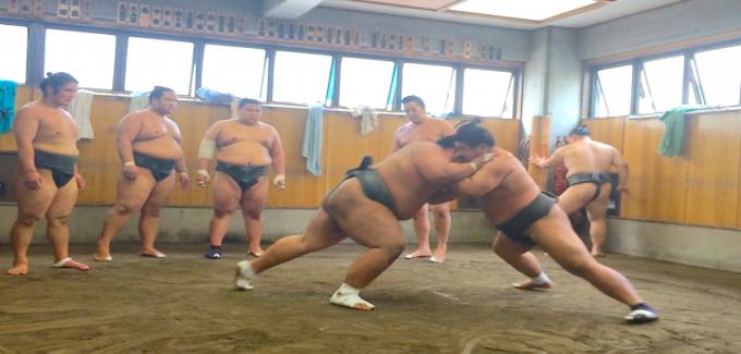 Sumo wrestlers' training at a sumo training stable.
