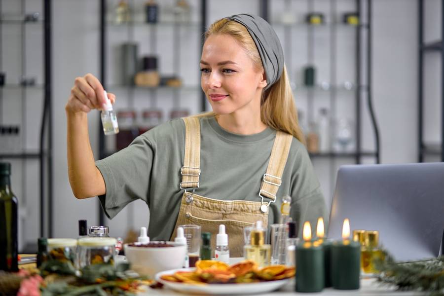 Woman going to mix ingredients to make perfume with many bottles of essential oil.