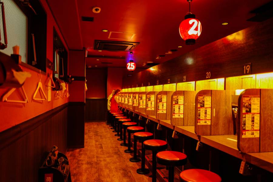 Interior shot of Ichiran Ramen. Ichiran is a Japanese ramen food-service business specialising in tonkotsu ramen.