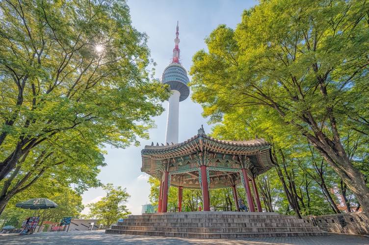 South Korea's main tourist attractions Namsan Tower and the Ancient Pavilion in Summer Tourists from Korea and around the world continually come to visit.