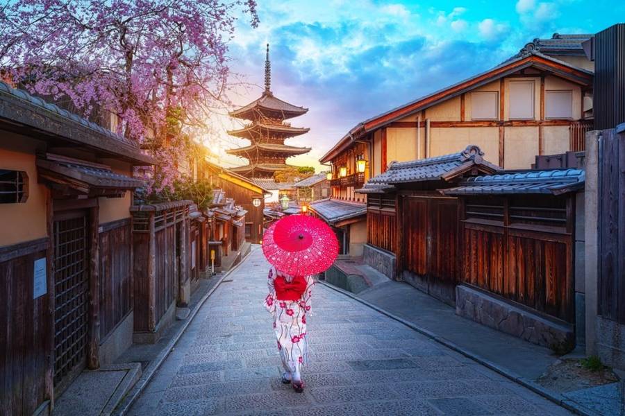 Người phụ nữ mặc Kimono truyền thống đến thăm chùa Yasaka trong mùa hoa anh đào nở rộ vào mùa xuân | Mùa hoa anh đào Nhật Bản