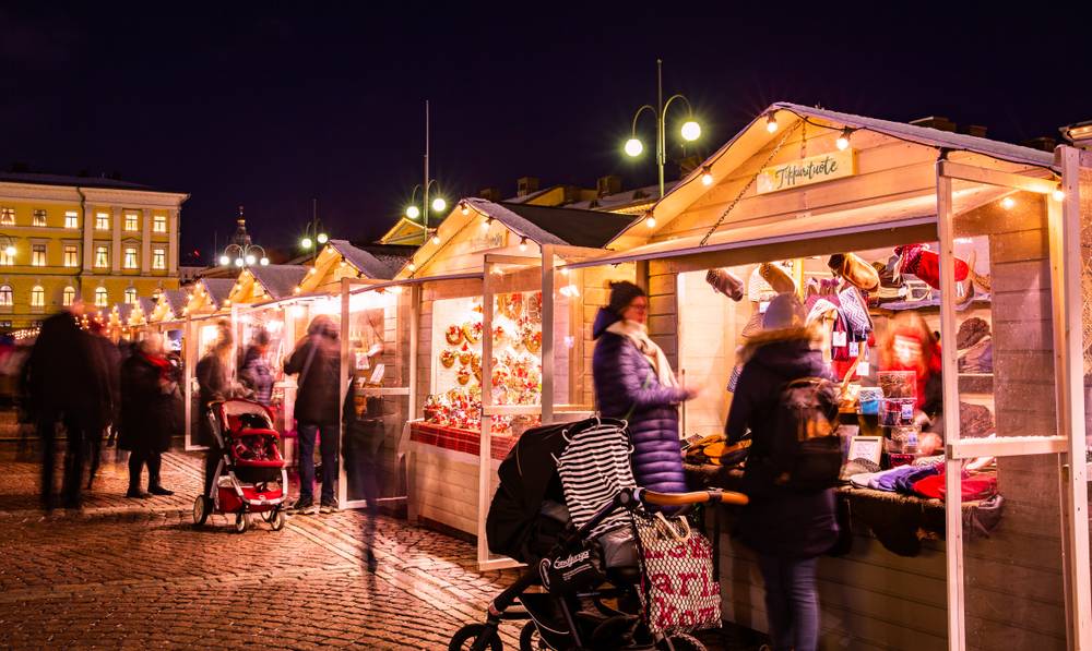 Helsinki, Finland. View Of Christmas Xmas Market On Senate Square
