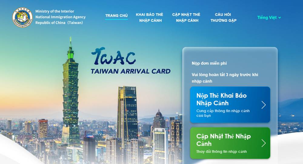 Giao diện website khai báo Taiwan Arrival Card