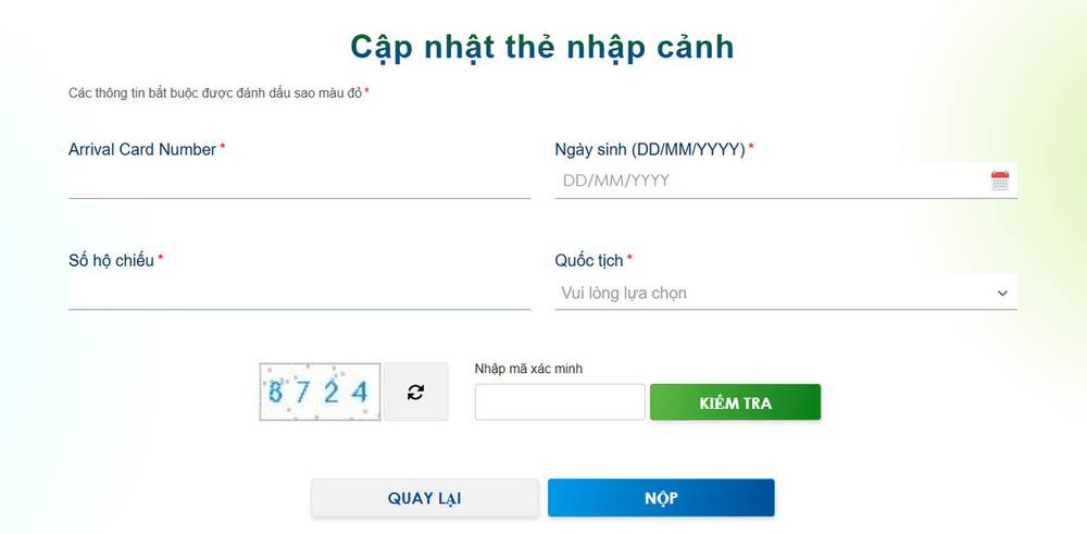Nhập thông tin thẻ để cập nhật Taiwan Arrival Card