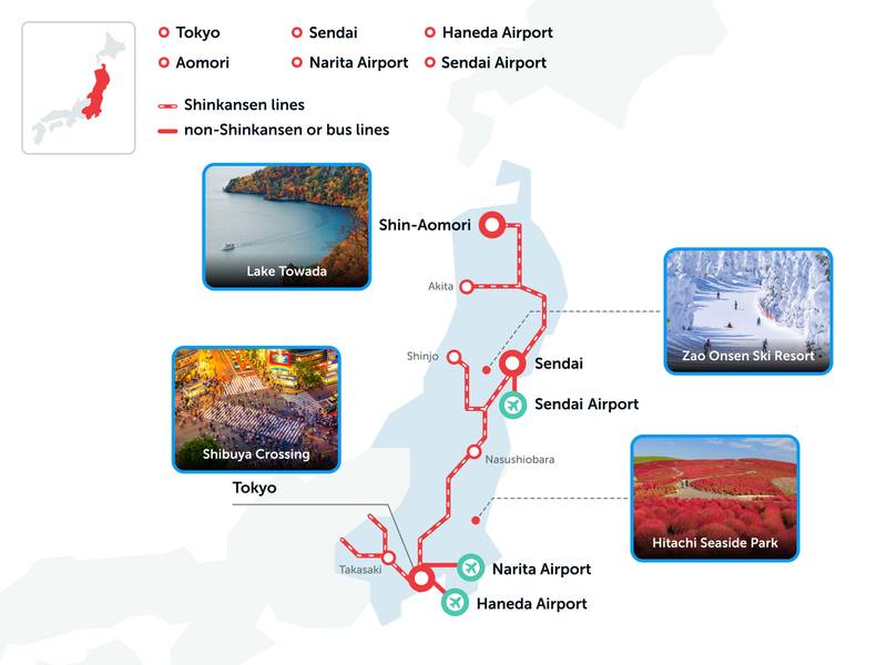 Các tuyến đường mà du khách có thể sử dụng thẻ JR East Pass (Khu vực Tohoku).