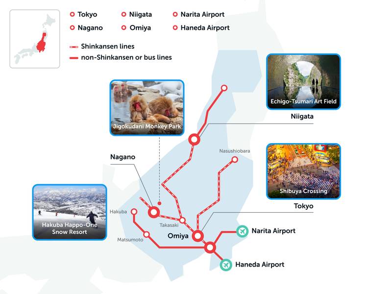 Các tuyến đường mà du khách có thể sử dụng thẻ JR East Pass (Nagano, Niigata Area).
