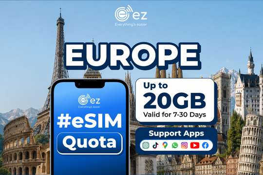 eSIM "Paket Kuota" untuk Eropa 33 Negara 3GB-20GB Hotspot QR Instan oleh ez.id, Rp 73.000