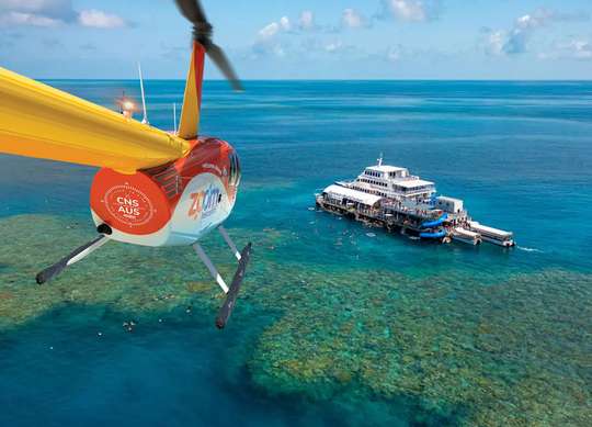 Great Barrier Reef One-Way Helicopter Flight, Pontoon Tour & Return Cruise