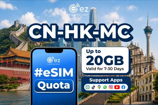 eSIM "Quota Package" for China, Hong Kong & Macau 3GB-20GB Hotspot Instant QR by ez.vn