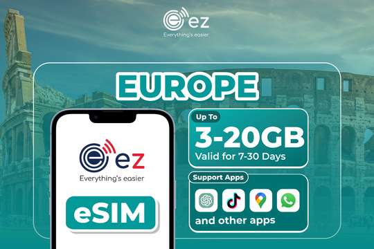 ez.vn提供 eSIM ヨーロッパ33カ国対応 データ容量プラン 3GB〜20GB ホットスポット対応 QRコード即時発行, 122円