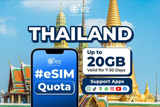 eSIM "Big Quota Package" for Thailand 10GB-20GB Hotspot Instant QR by ez.vn