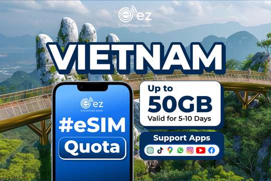 eSIM "Quota Package" for Vietnam 30GB-50GB Hotspot Instant QR by ez.vn