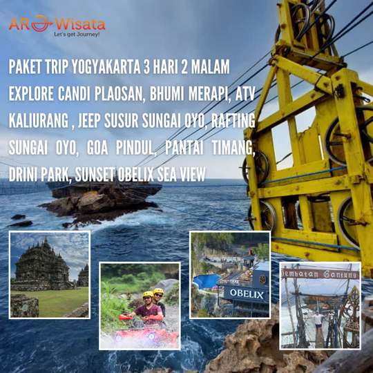 Paket Trip Yogyakarta 3 Hari 2 Malam: Explore Candi Plaosan, Bhumi Merapi, Atv Kaliurang , Jeep Susur Sungai Oyo, Rafting Sungai Oyo,  Goa Pindul, Pantai Timang, Drini Park, Sunset Obelix Sea View