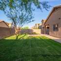A broad view of the backyard reveals a well-maintained green lawn, framed by privacy fencing and shaded by tall trees. This outdoor area provides plenty of room for recreation, entertaining, or enjoying peaceful evenings under the stars.